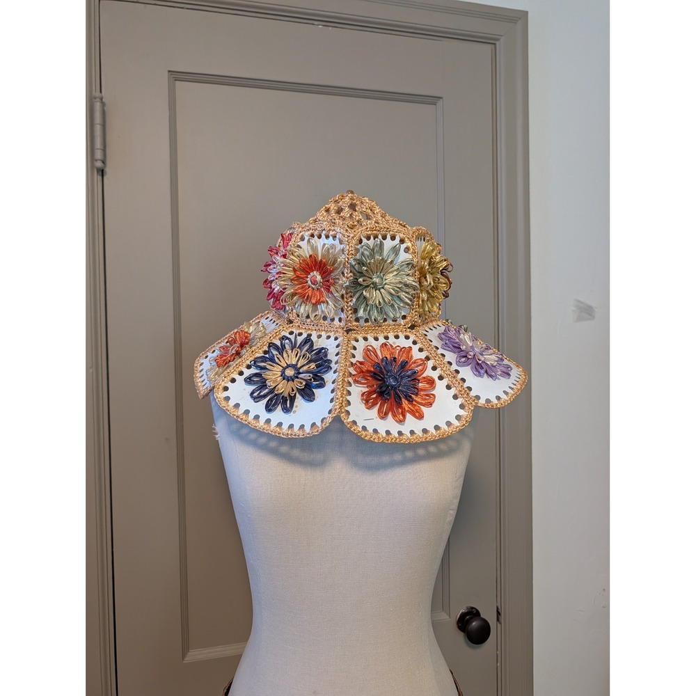 Vintage 70s Crochet Raffia Flower Daisy Bucket Sun Hat Handmade Multi Color Boho - Picture 3 of 8